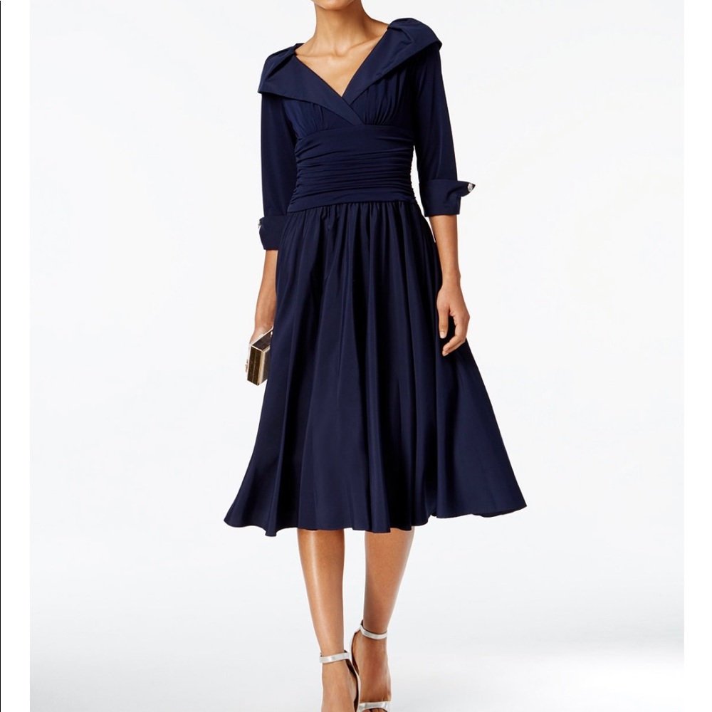 Jessica Howard Cocktail Dress.Taffeta.Navy Blue.Portrait Collar.A-line.Size 14.